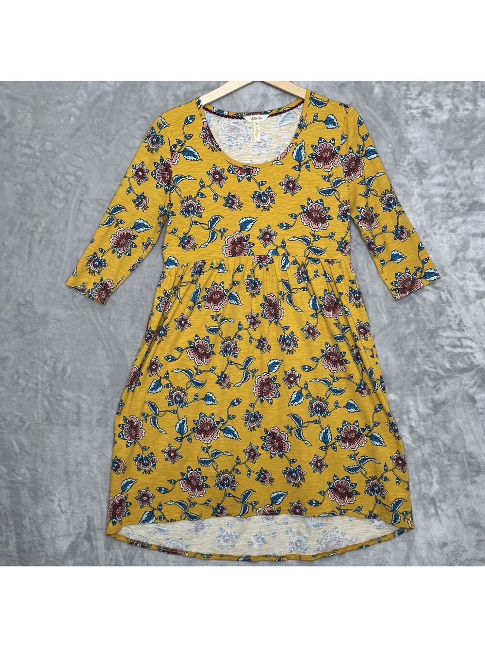 Matilda Jane Dress Womens Medium Yellow Floral 3/4 Sleeve High Low Boho Pockets